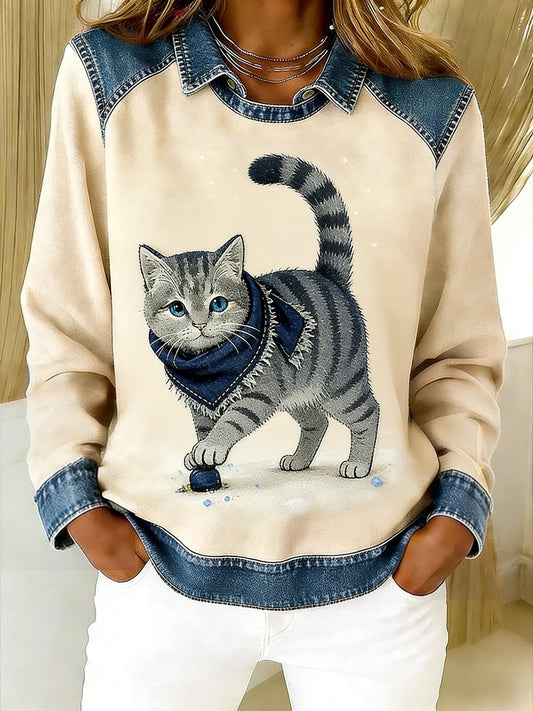 Retro Bonito Animal Lenço Gato Denim Patchwork Arte Impresso Casual Loose Long Sleeve Lapel Sweatshirt