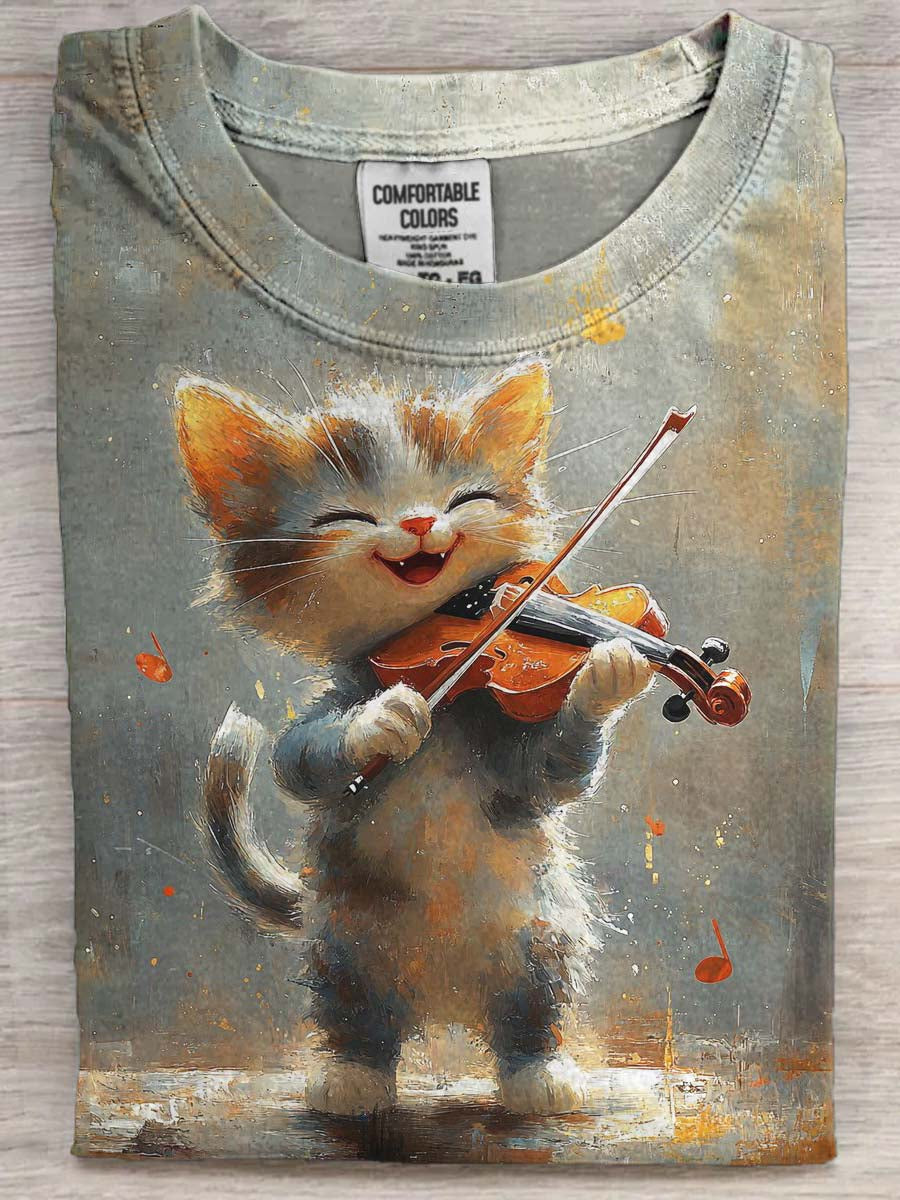 Gato Violino Imprimir Casual Manga Curta T-shirt