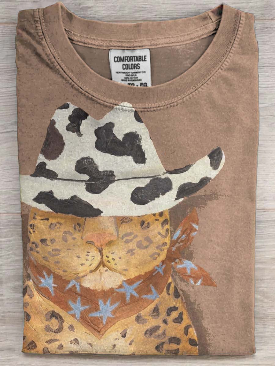 Cool Cowboy Cat Imprimir Casual Manga Curta T-shirt