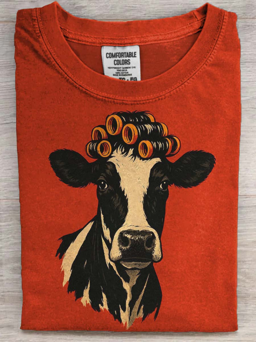 Vaca engraçada imprimir camiseta casual de manga curta