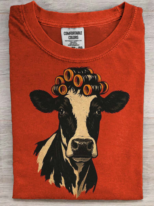 Vaca engraçada imprimir camiseta casual de manga curta