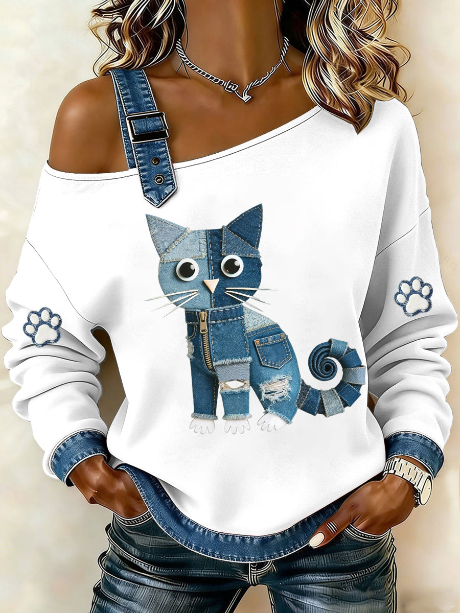 Denim gato feminino impresso moletom de ombro único