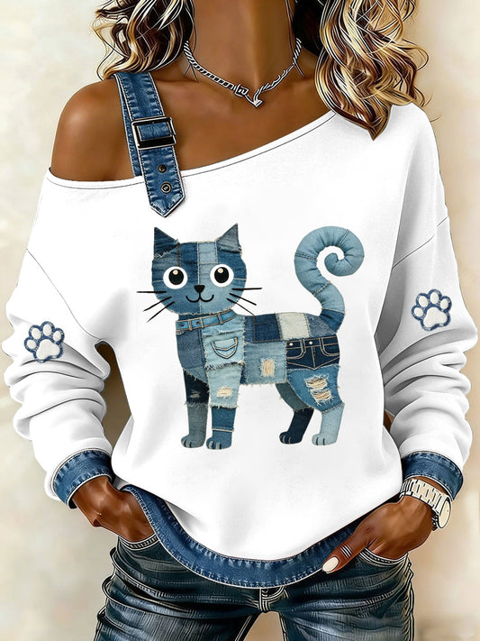 Denim gato feminino impresso moletom de ombro único