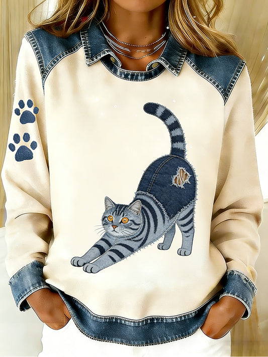 Vintage Denim Patchwork Top feminino com Animal Art Print, casual e confortável