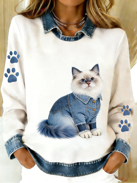 Vintage Denim Patchwork Top feminino com Animal Art Print, casual e confortável