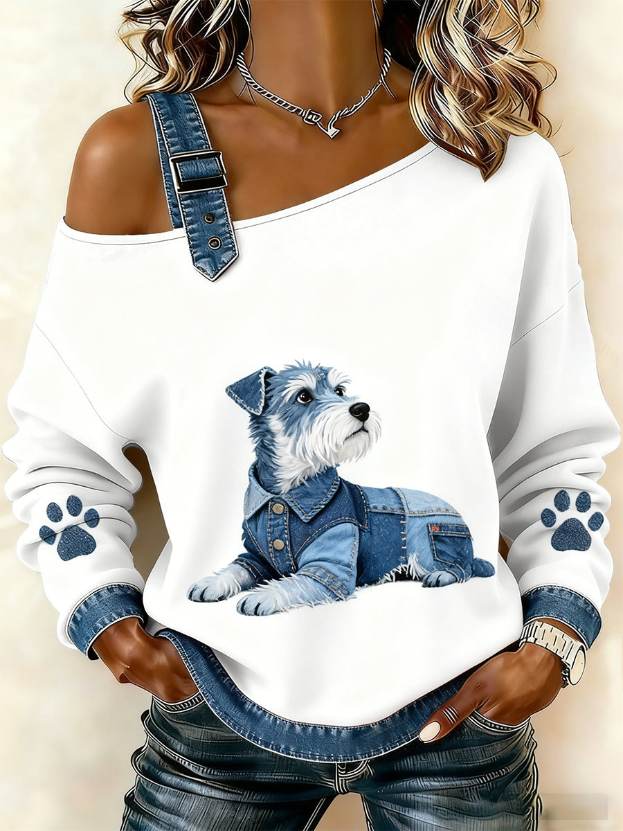 Animal bonito impressão Denim Patchwork Top confortável das mulheres
