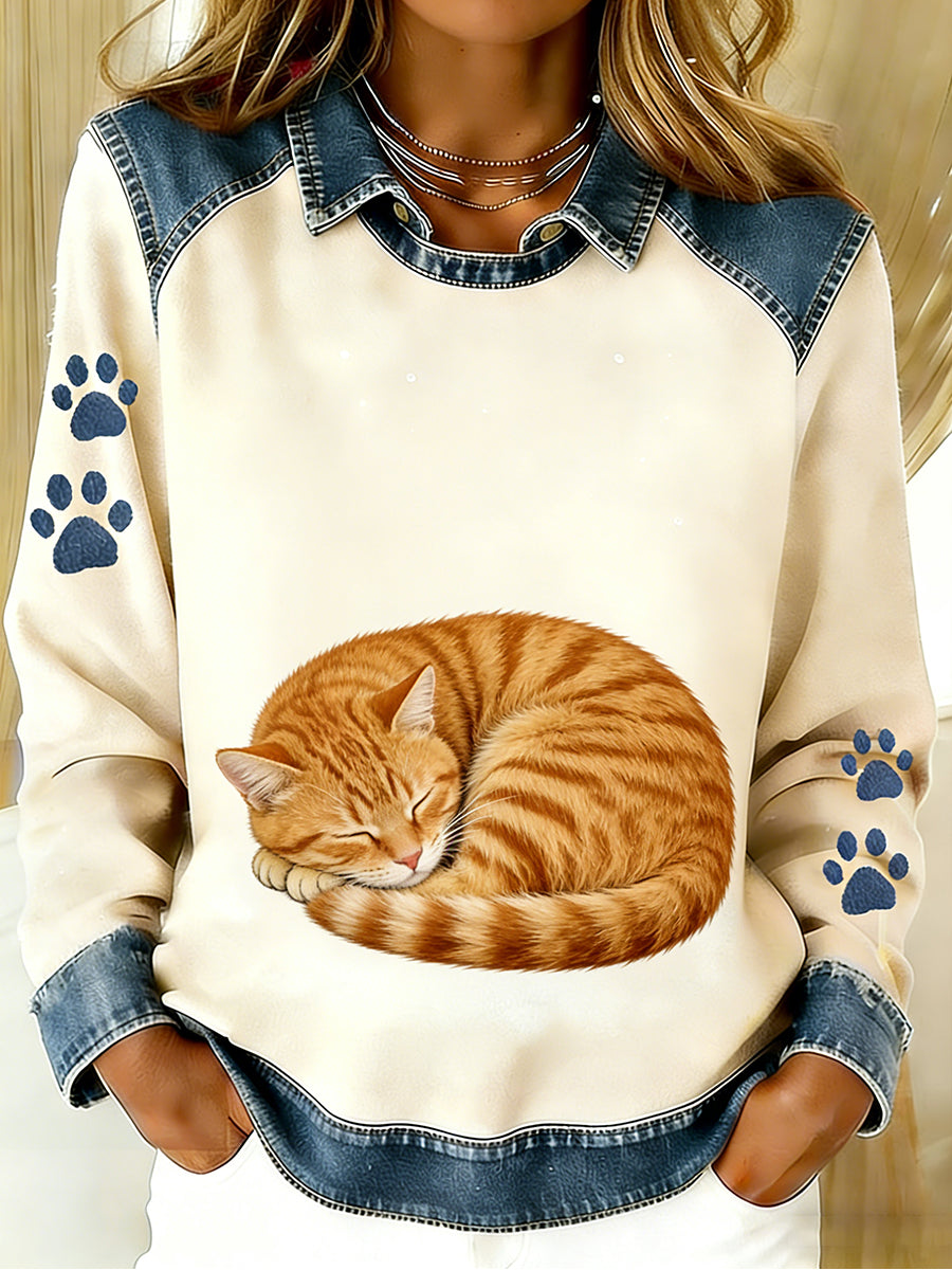 Vintage Denim Patchwork Top feminino com Animal Art Print, casual e confortável