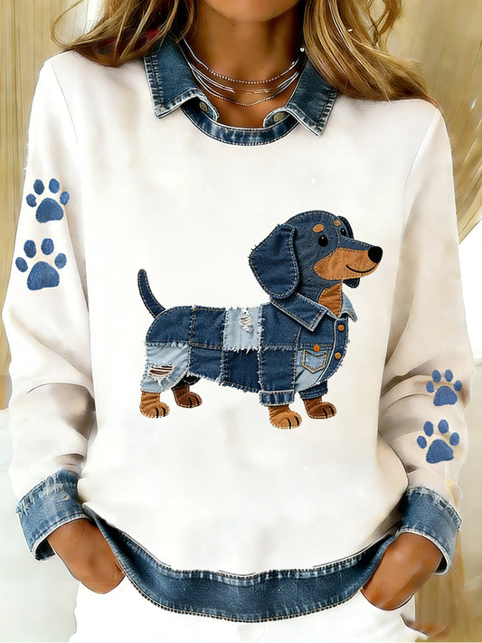 Vintage Denim Patchwork Top feminino com Animal Art Print, casual e confortável