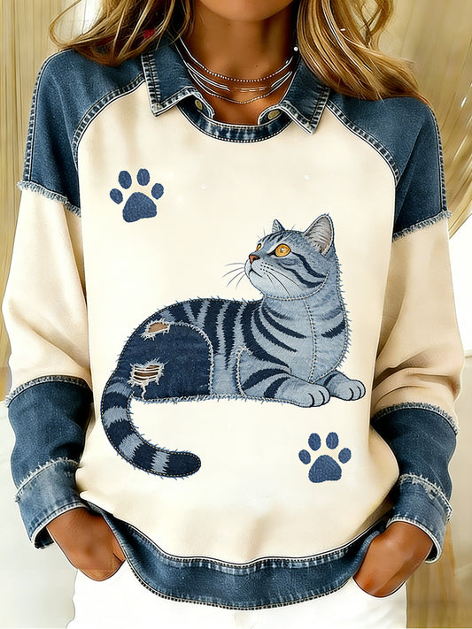 Vintage Denim Patchwork Top feminino com Animal Art Print, casual e confortável