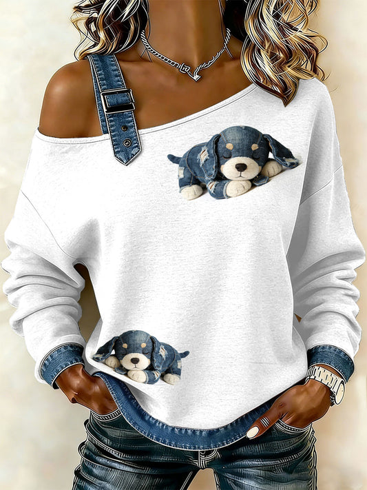 Patchwork do cão Vintage impressão Casual Off-ombro moletom feminino