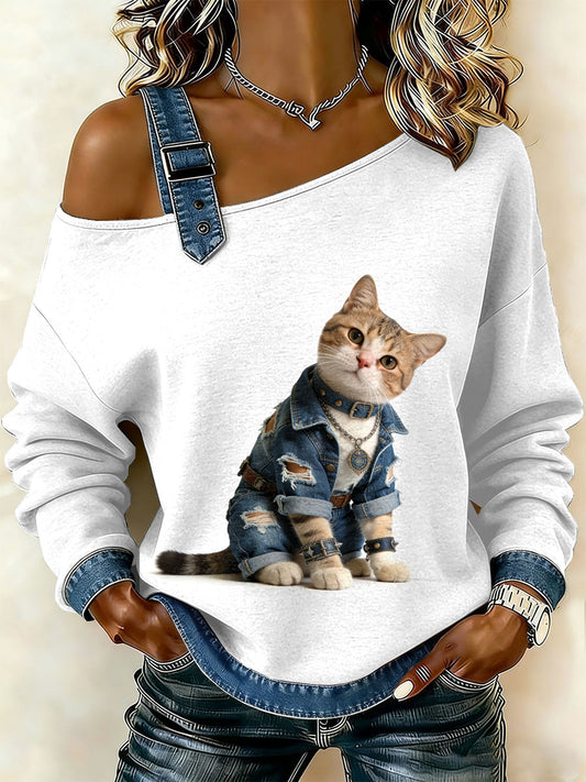 Gato Vintage Patchwork impressão Casual Off-ombro moletom feminino