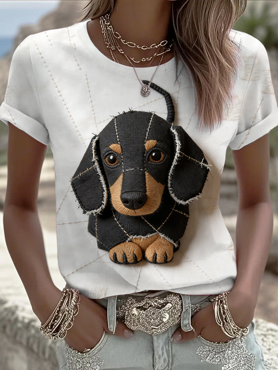 Camiseta bonito da impressão do patchwork do cachorrinho das mulheres