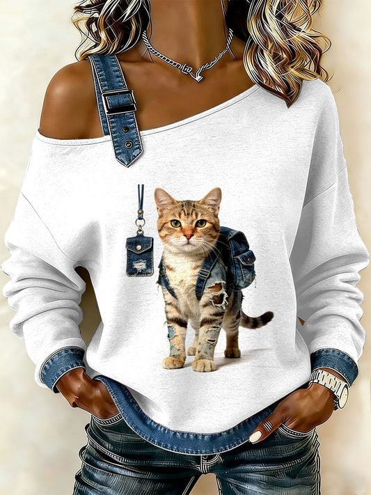 Gato Vintage Patchwork impressão Casual Off-ombro moletom feminino