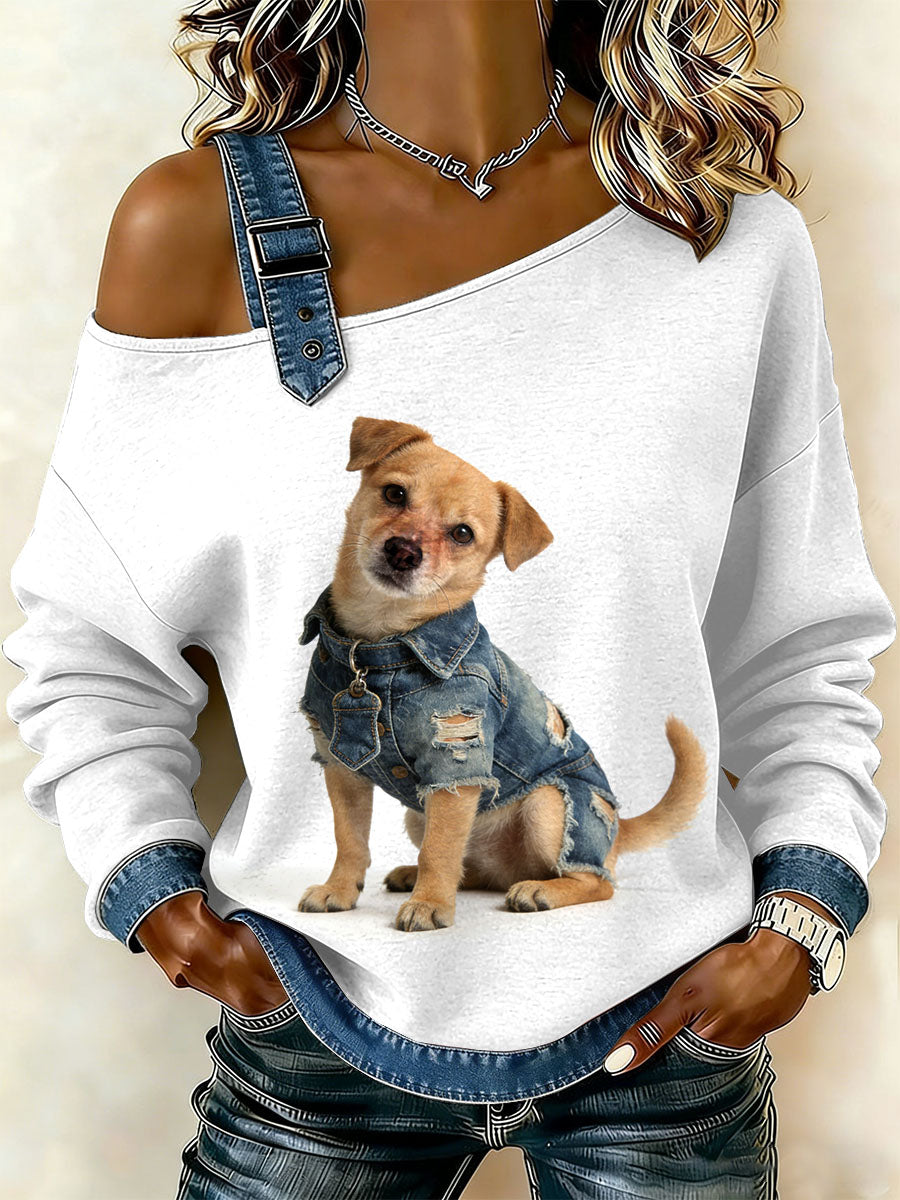 Patchwork do cão Vintage impressão Casual Off-ombro moletom feminino