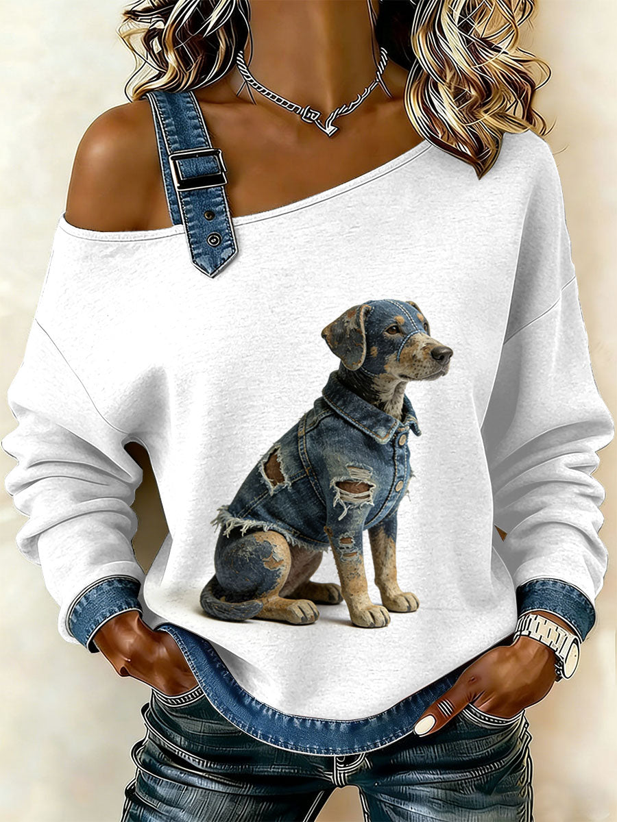 Patchwork do cão Vintage impressão Casual Off-ombro moletom feminino