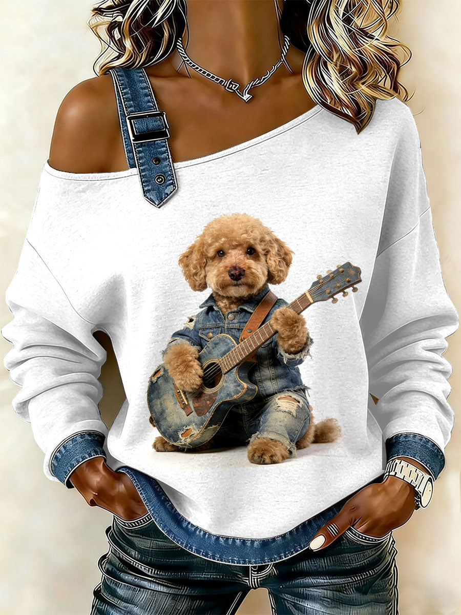 Patchwork do cão Vintage impressão Casual Off-ombro moletom feminino