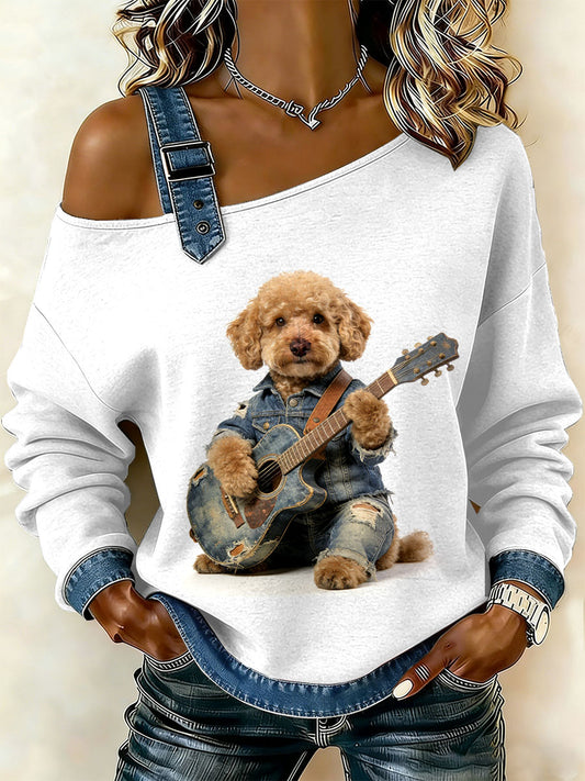 Patchwork do cão Vintage impressão Casual Off-ombro moletom feminino