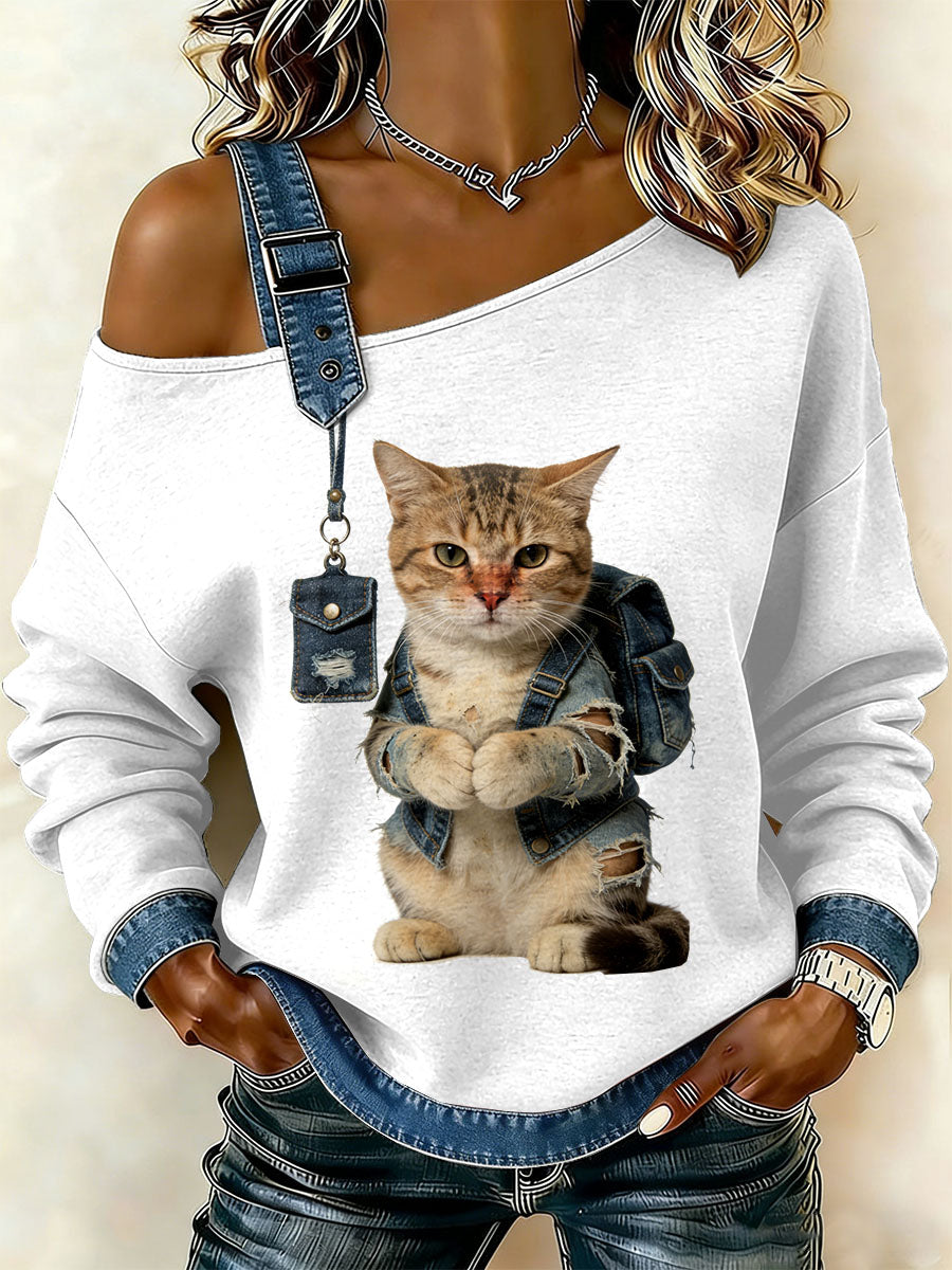 Gato Vintage Patchwork impressão Casual Off-ombro moletom feminino