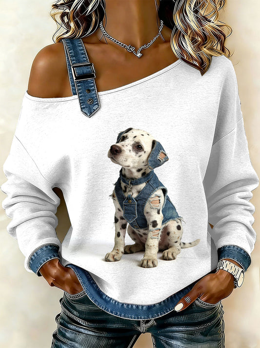 Patchwork do cão Vintage impressão Casual Off-ombro moletom feminino