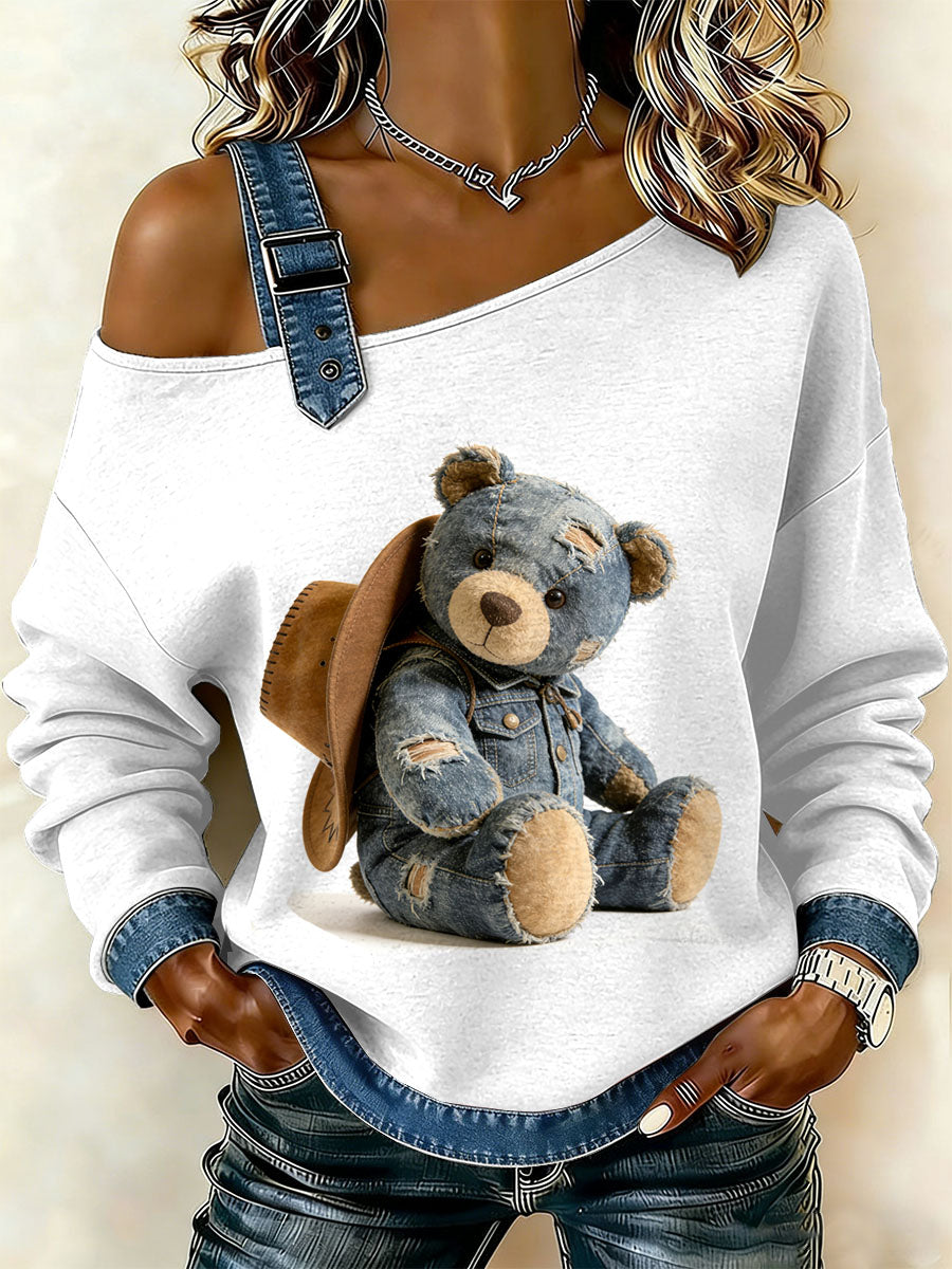 Urso Vintage Patchwork impressão Casual Off-ombro moletom feminino