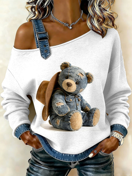 Urso Vintage Patchwork impressão Casual Off-ombro moletom feminino