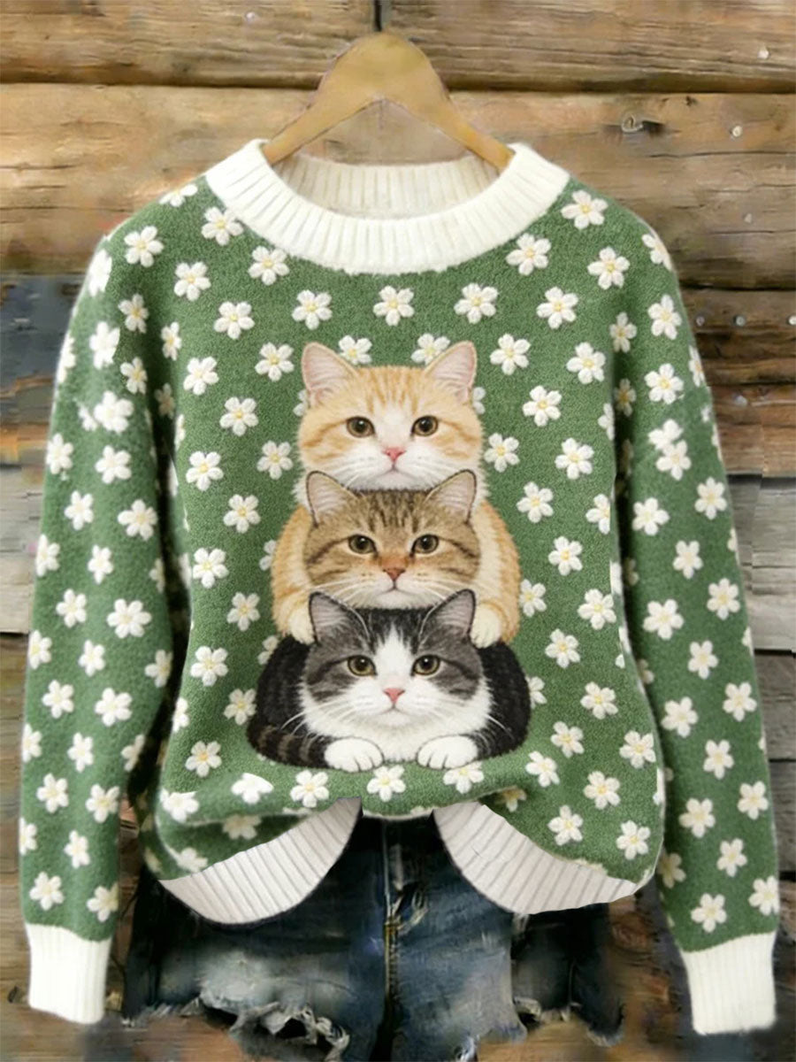 Camisola Casual da impressão arte do gato das mulheres