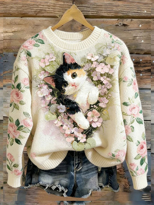 Camisola Casual da impressão arte do gato das mulheres
