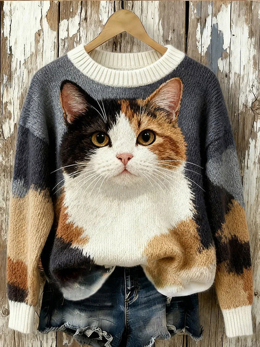 Camisola Casual da impressão arte do gato das mulheres