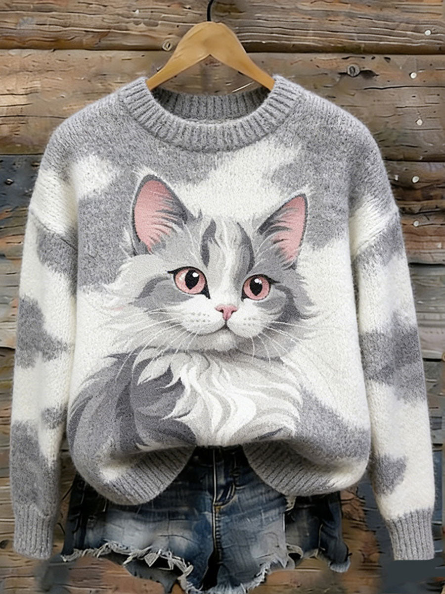 Camisola Casual da impressão arte do gato das mulheres