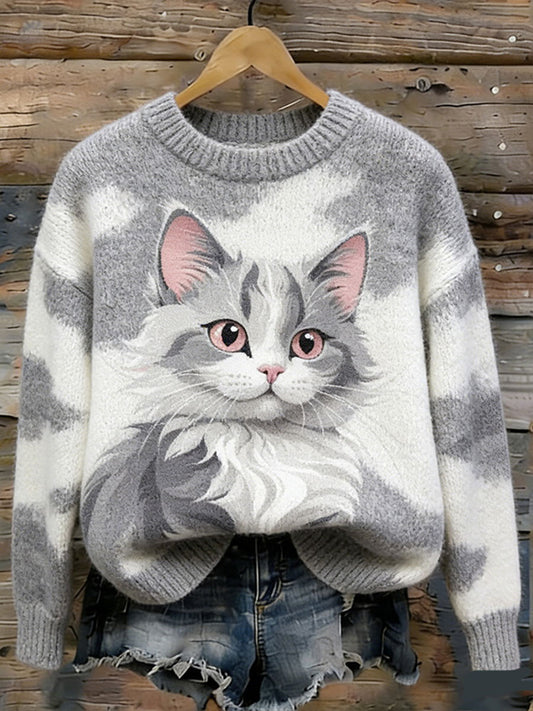 Camisola Casual da impressão arte do gato das mulheres