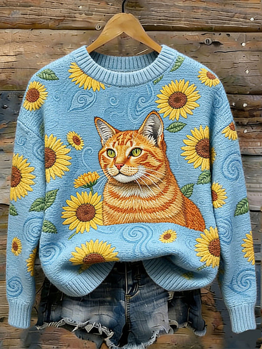 Camisola Casual da impressão arte do gato das mulheres