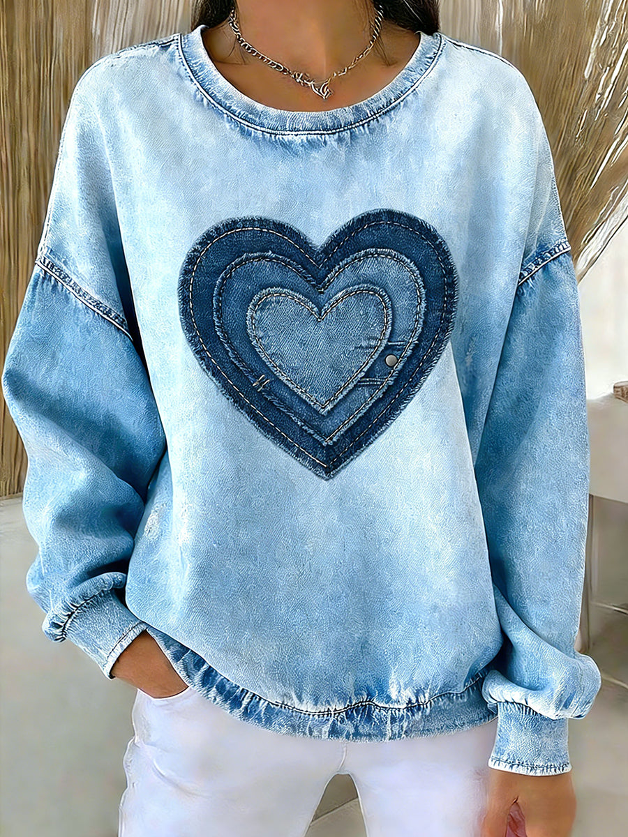 Coração Patchwork impressão Casual camisola Top das mulheres