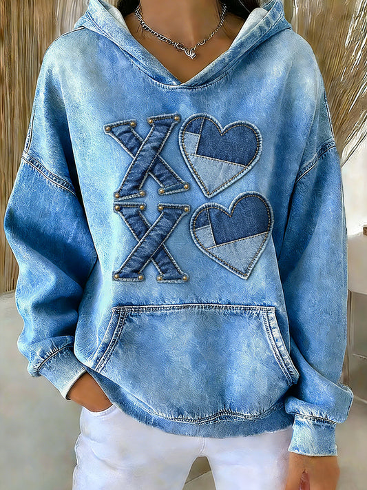 Coração Patchwork impressão Casual moletom com capuz feminino