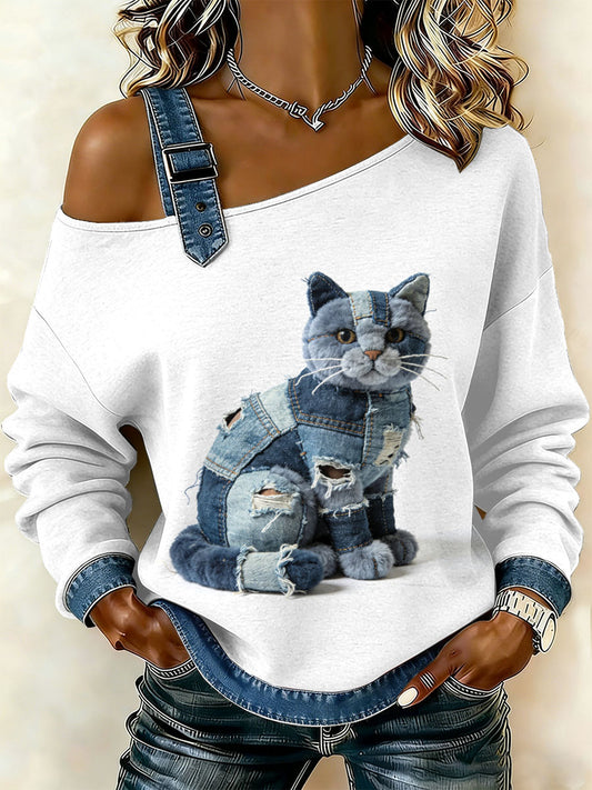 Gato Vintage feminino imprimir camisola Off-ombro Casual