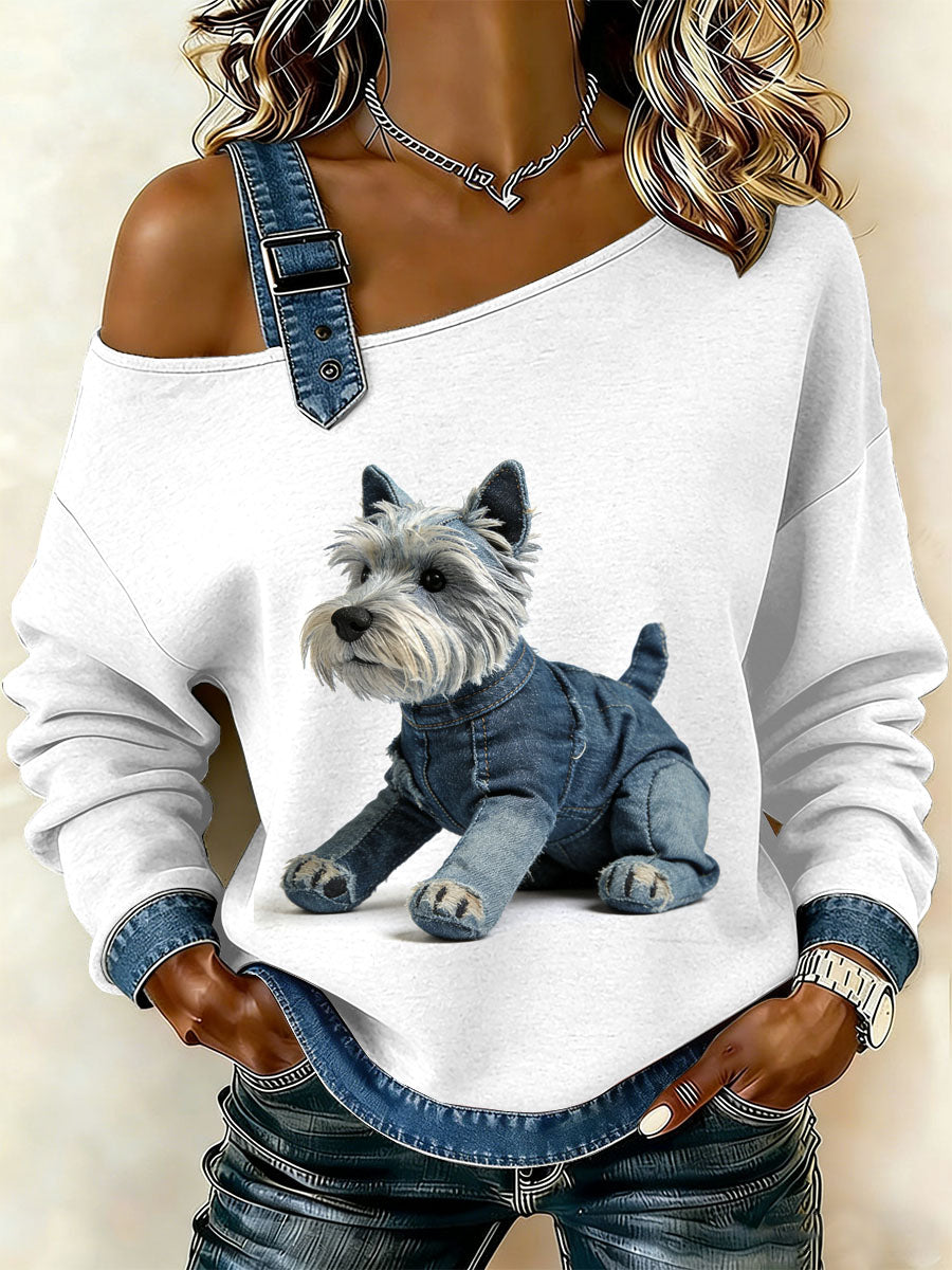 Camisola Off-Shoulder Casual de cachorro Vintage feminino