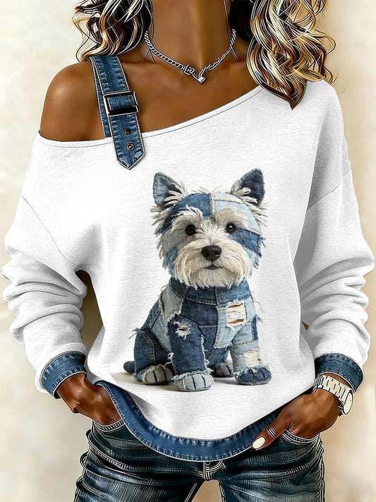 Camisola Off-Shoulder Casual de cachorro Vintage feminino