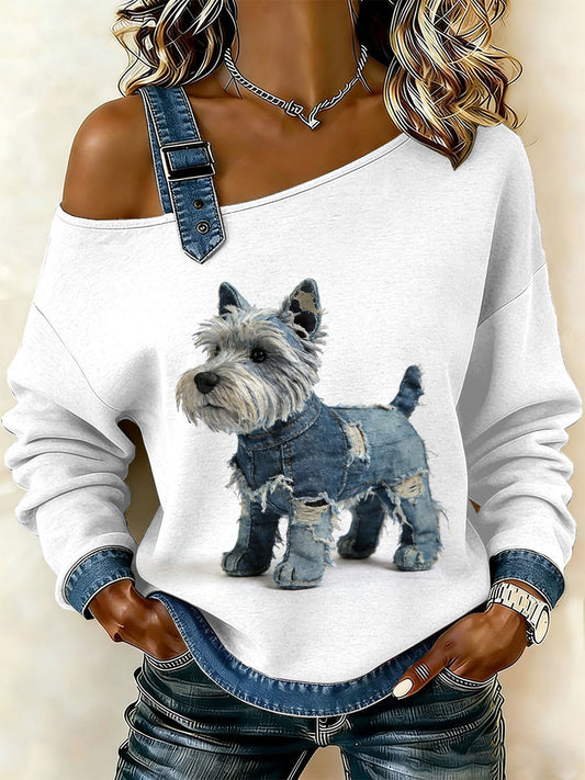 Camisola Off-Shoulder Casual de cachorro Vintage feminino