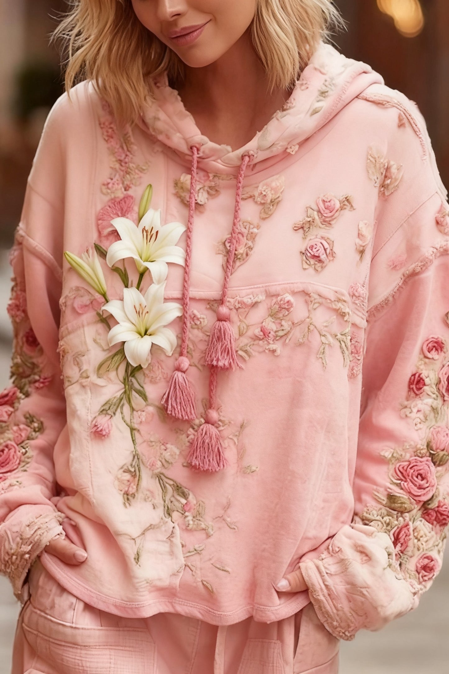 Prevenção Retro Do Câncer De Mama Patchwork Floral Impresso Moletom Com Capuz