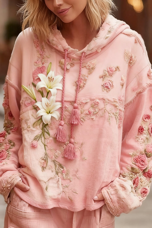 Prevenção Retro Do Câncer De Mama Patchwork Floral Impresso Moletom Com Capuz