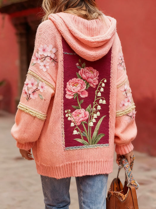 Retro mama câncer prevenção Floral impresso capuz cardigan