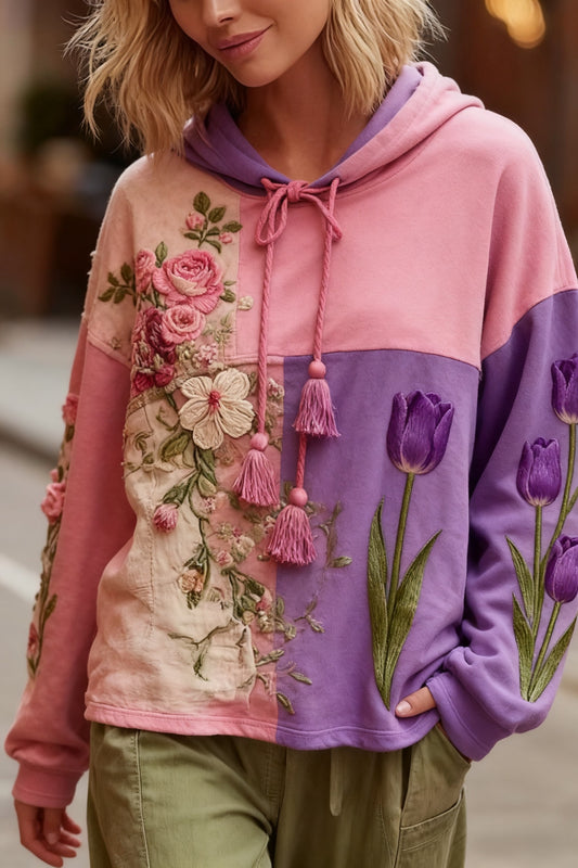 Prevenção Retro Do Câncer De Mama Patchwork Floral Impresso Moletom Com Capuz