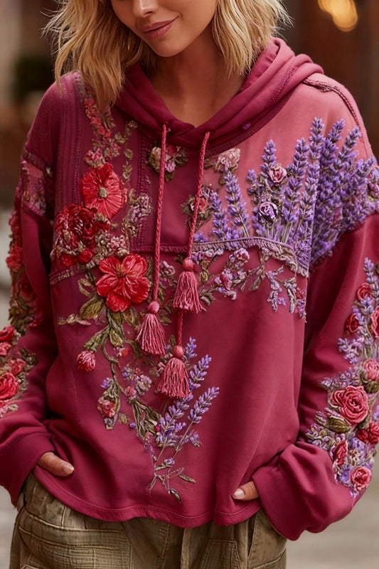 Prevenção Retro Do Câncer De Mama Patchwork Floral Impresso Moletom Com Capuz