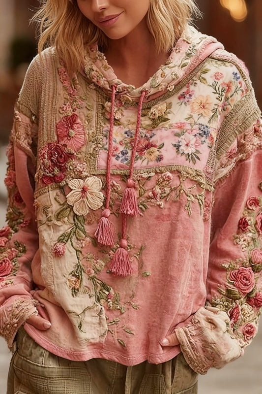 Prevenção Retro Do Câncer De Mama Patchwork Floral Impresso Moletom Com Capuz