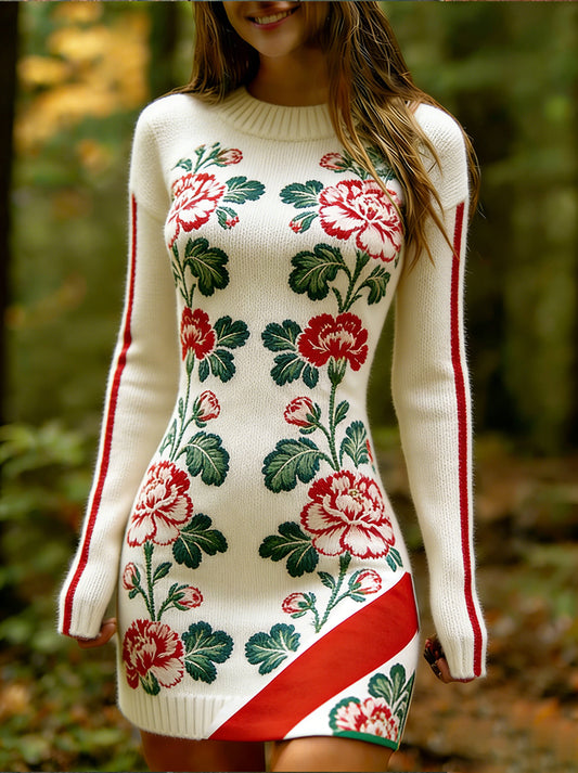 Estilo étnico Vintage impressão Floral feminino de malha vestido confortável e elegante