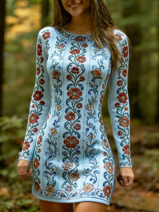 Estilo étnico Vintage impressão Floral feminino de malha vestido confortável e elegante