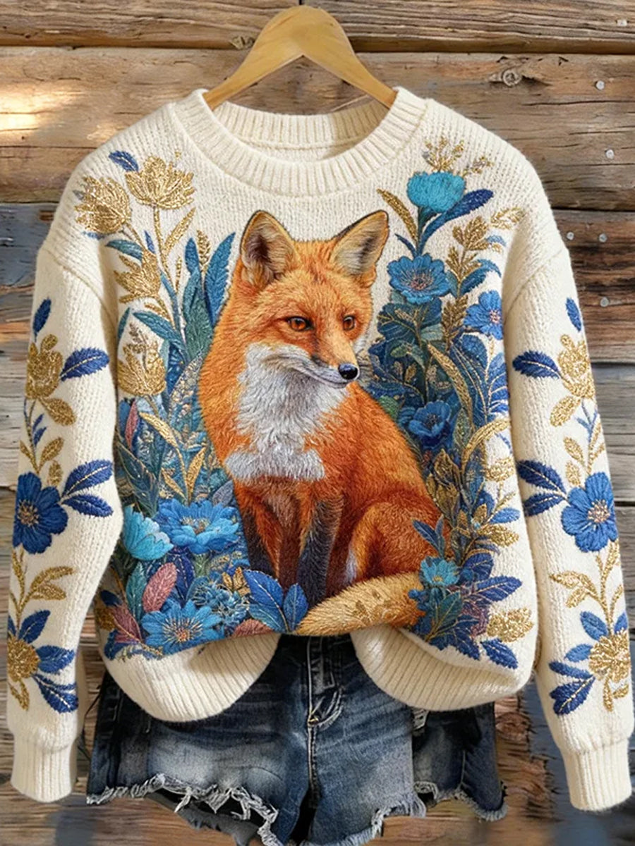 Raposa bonito & Floral padrão gola camisola das mulheres