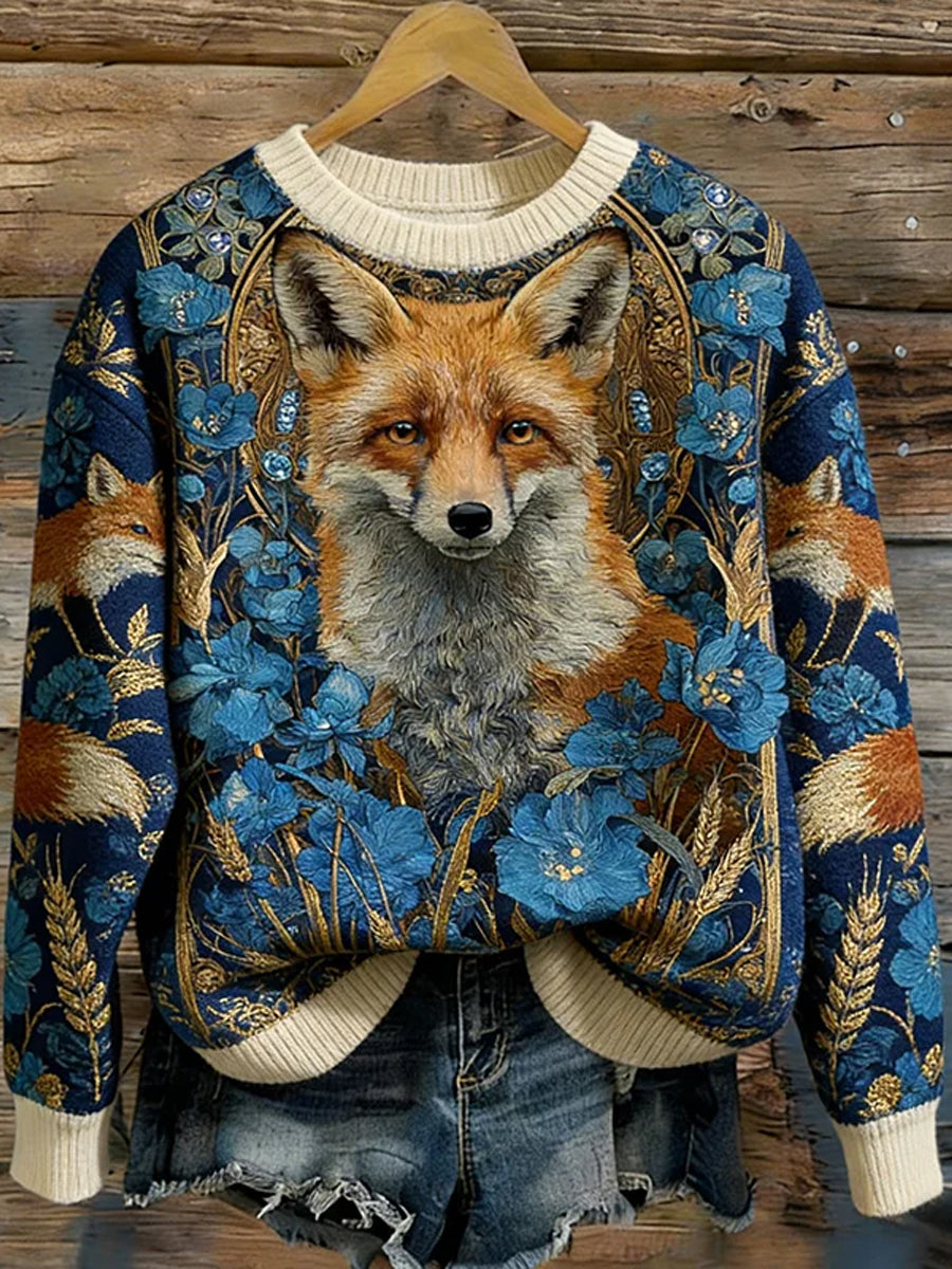 Raposa bonito & Floral padrão gola camisola das mulheres