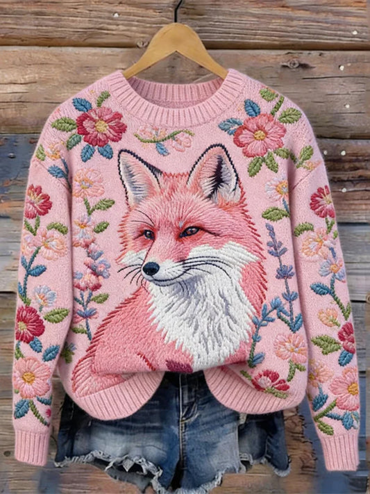 Raposa bonito & Floral padrão gola camisola das mulheres