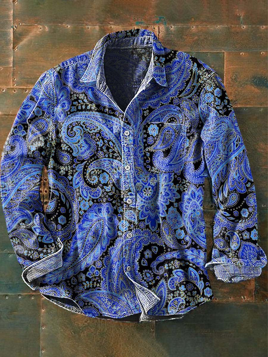 Caju Vintage flor impressão Casual lapela manga longa camisa masculina