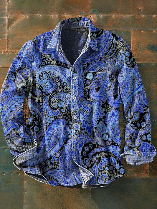 Caju Vintage flor impressão Casual lapela manga longa camisa masculina
